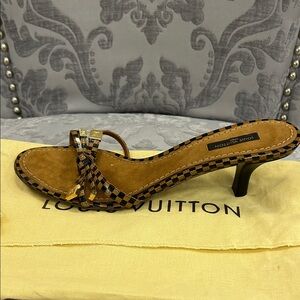 Louis Vuitton Tan and Brown Checkered Knot Kitten Heel Sandal